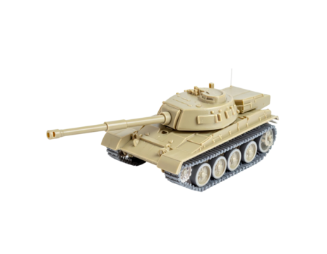 Tan military tank model, angled view
