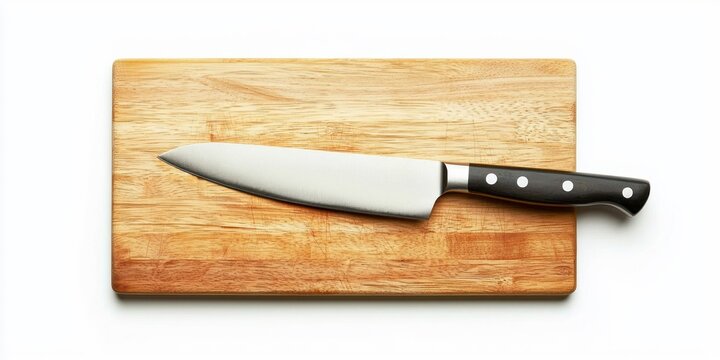 A large, sharp chef's knife rests on a wooden cutting board. The knife is silver and has a black handle. The cutting board is made of light-colored wood with visible grain. 