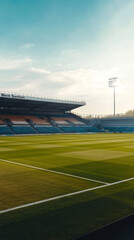 Obraz premium A vibrant green sports stadium or soccer field awaits the game. Empty seats and bright lights stand ready under a clear sky.