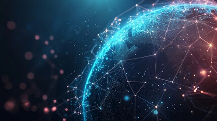 Panoramic abstract dot and triangle connection background., The world is connect and smaller concept, Digital futuristic Earth minimalism background