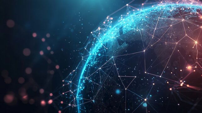 Panoramic abstract dot and triangle connection background., The world is connect and smaller concept, Digital futuristic Earth minimalism background