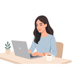 Young woman working on laptop at home office with coffee &ndash; freelance, remote work, online learning illustration.