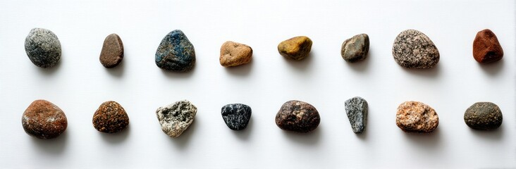 A neat collection of assorted pebbles of varying sizes, colors, and textures arranged in two orderly rows against a bright white background