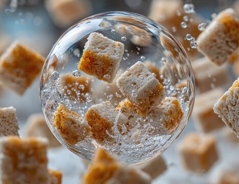 Floating bread cubes in a glass sphere