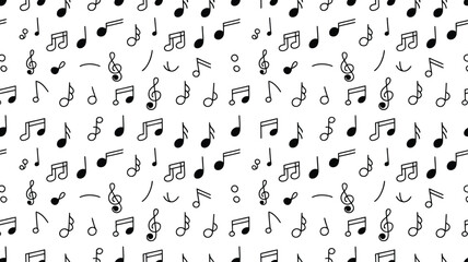 Hand drawn musical notes and symbols seamless pattern isolated on transparent background