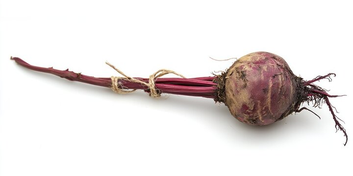 A vibrant, raw beet lies on a white surface, its root end wrapped with twine. The beet&acirc;&euro;&trade;s flesh is a deep, rich purple color, transitioning to lighter shades towards the top.
