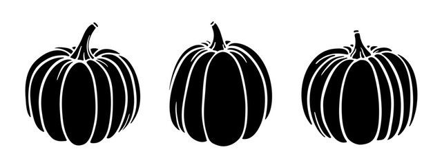 Pumpkins set, black silhouette isolated on white. Pumpkins of different shape, black imprint of drawing or stencil shape. Vector or png clipart for autumn harvest illustration, products label design.