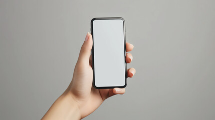 Smart Device Showcase: A hand delicately cradles a sleek smartphone, displaying its blank screen in a modern, studio-lit setting, evoking an interactive user experience.