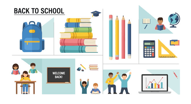 Back to School Infographic Flat Vector Education Poster with School Supplies, Students, Learning Icons, Study Tips, and Academic Preparation