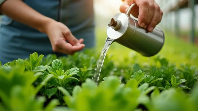 Female Hands pouring water, watering young plant, organic vegetables cultivation farming, growing green salads and vegetable, sustainable environment, taking care of new life, plantation green house