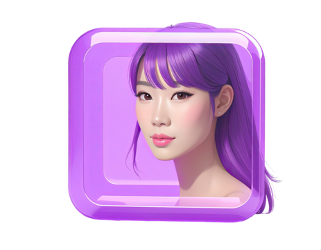 Close-up square image; woman with purple hair,  pink cheeks, in a purple frame - Powered by Adobe