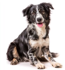 Fototapeta premium A fluffy, medium-sized dog with mottled black, white, and tan fur sits with its tongue out. The dog has brown eyes and a curious expression