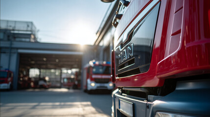 Feuerwehr-Löschfahrzeug mit Blaulicht vor der Feuerwache – Froschperspektive, urbanes Umfeld; einsatzbereit für Brandbekämpfung und Rettung (Notruf 112), Stadtansicht Feuerwehr, Feuerwehrauto, Feuer