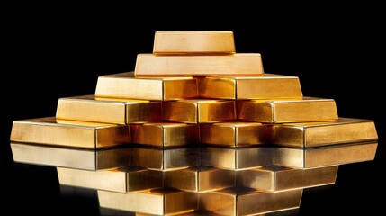 Elegant pyramid of polished gold bars on reflective black surface illuminated by intense golden lighting with copy space
