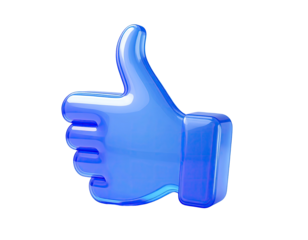 3D rendered, bright blue, glossy thumbs-up