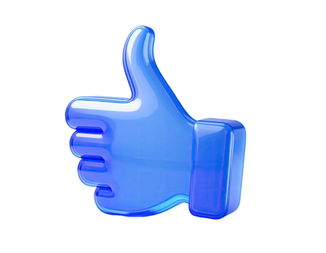 3D rendered, bright blue, glossy thumbs-up