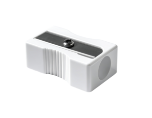 White plastic pencil sharpener, rectangular shape with ribbed sides
