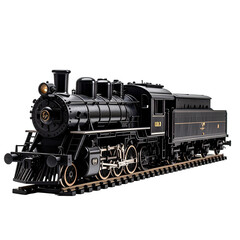 Naklejka premium Detailed black steam train model on tracks