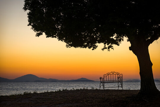 Lonely bench beneath a tree at sunset overlooking distant islands
