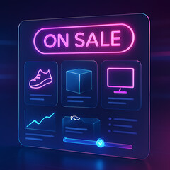 Online shopping sale neon display for shoes computer and cube with slider and graph on dark background