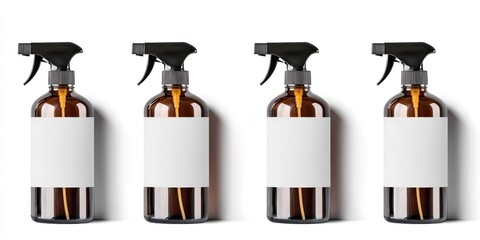 Fototapeta premium Four amber glass spray bottles stand side-by-side against a white wall. Each bottle has a white label, blank for customization. The bottles are tall and slender with black spray nozzles. 
