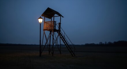 Elevated wooden observation tower illuminated by streetlight at night in open field