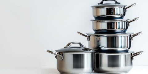 A stack of four stainless steel pots of varying sizes is arranged in a pyramid shape on a dark surface. Each pot has a handle and a lid. The pots are shiny and reflect light. 