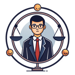 Professional Lawyer Standing Inside Glowing Justice Circle Surrounded by Legal Symbols, Law Concept, Court Representation, Advocacy, Legal Illustration Vector