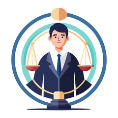 Professional Lawyer Standing Inside Glowing Justice Circle Surrounded by Legal Symbols, Law Concept, Court Representation, Advocacy, Legal Illustration Vector