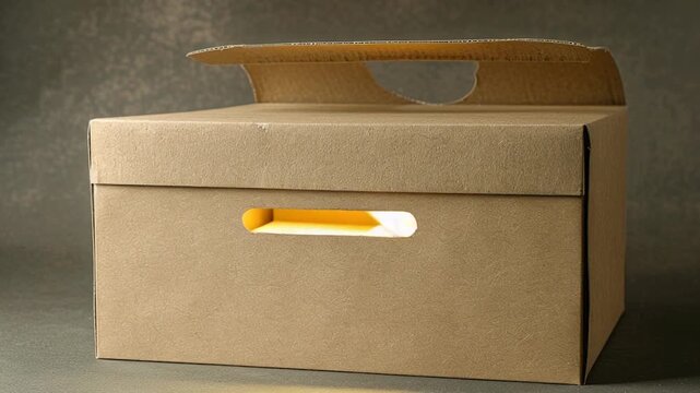 A simple cardboard box with a handle sitting on a table