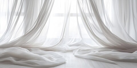 Obraz premium White sheer curtains billow dramatically in a room with a large window. Sunlight streams through the window, illuminating the fabric and creating a sense of ethereal beauty. 