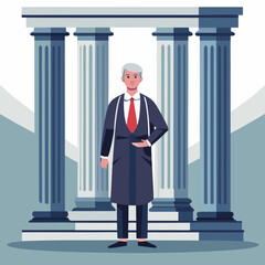Confident Lawyer Standing Inside Courthouse Columns Circle, Justice Symbol, Legal Professional Illustration, Attorney Vector Design, Law Firm Artwork