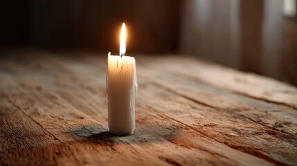 Lit wax candle on rustic wood surface, light and shadow play, soft focus and warmth