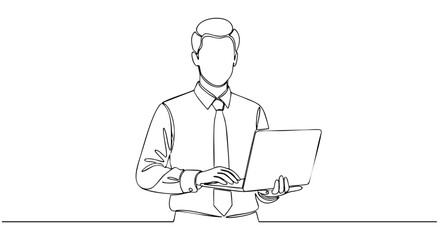 Continuous line drawing of businessman using laptop for presentation, business communication and modern technology
