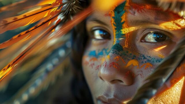 A close-up shot of a person wearing a traditional or cultural headdress, with details visible