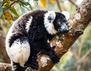 Obraz premium Black and white lemur perched on a tree branch