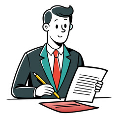 Male Lawyer Carefully Reviewing Property Deal Contract in Office, Legal Expertise, Real Estate Law Consultation, Professional Attorney Vector Illustration