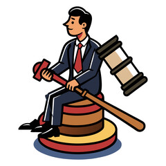 Confident Male Lawyer Sitting on Oversized Gavel Illustration Representing Justice, Law Profession, Courtroom Success, Legal Authority, Advocacy Concept