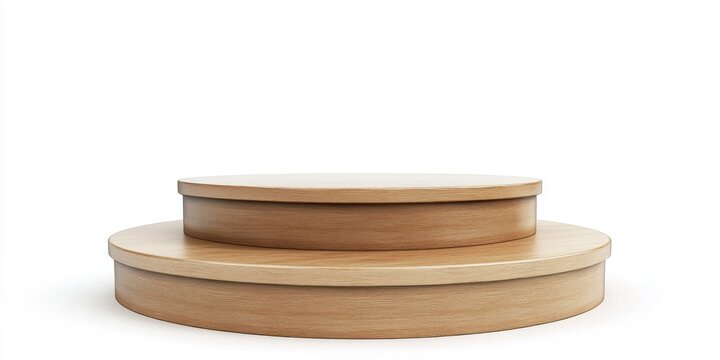 A wooden rotating display stand with two circular tiers. The top tier is slightly smaller than the bottom tier, both crafted from light-colored wood. The stand is presented against a plain 