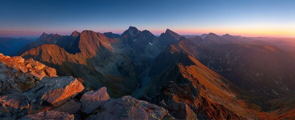 A breathtaking panoramic view captures rugged mountain peaks bathed in the warm glow of a sunrise, showcasing the dramatic interplay of light and shadow across the landscape.