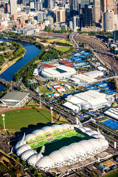 Aerial view of Melbourne&rsquo;s sports precinct including AAMI Park and Rod Laver Arena