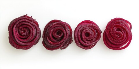 Four vibrant beet spirals are arranged in a row on a white surface. Each spiral is a deep, rich shade of purple-red, showcasing a beautiful, layered texture. The spirals are tightly wound and evenly