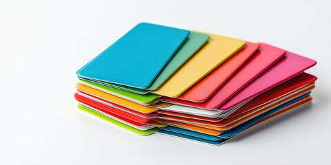 A stack of colorful playing cards is arranged on a white surface. The cards are layered in a gradient of colors including blue, green, yellow, orange, red, and pink. The cards are neatly stacked