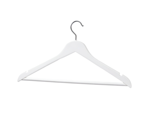 White wooden hanger, angled, with a metal hook