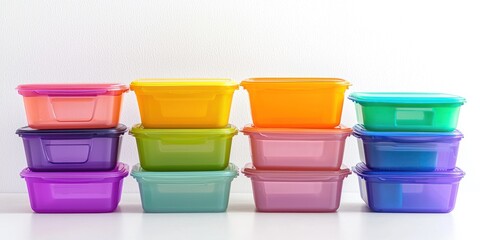 A row of colorful plastic food storage containers is neatly arranged on a white surface. The containers come in a variety of bright colors including purple, orange, yellow, green, blue, and pink.