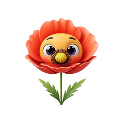 Highly detailed vibrant 3D cartoon illustration of a cheerful red poppy in modern family-friendly animated style with playful whimsical look and large expressive eyes