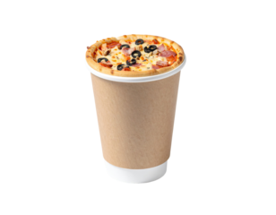 Pizza in a coffee cup.  A paper coffee cup holds a mini pizza with cheese, pepperoni, and olives