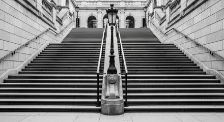 Grand stone staircase with symmetrical railings in urban architectural setting