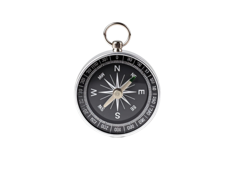 Close-up of a metallic compass with a black face and silver accents