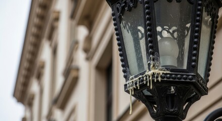 Elegant street lamp with candle wax drips on historic building façade